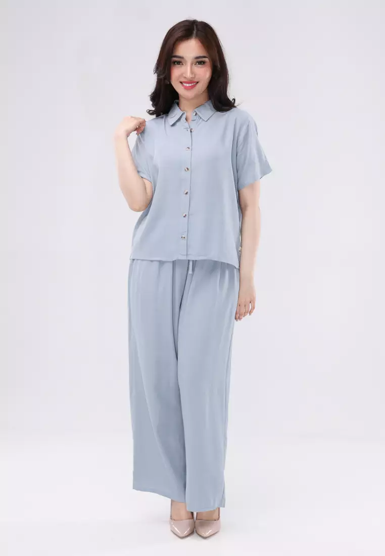 38% OFF Redgirl Plain Soft Linen Short Sleeves Collared Blouse/Pants