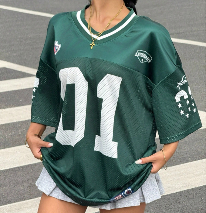 14% OFF Muchica Women's Jersey Sports Color-Block Loose V-Neck Short Sleeve Knitted Mesh Jersey T-Shirt With Letter & Number Print And Drop Shoulders For Ball Games