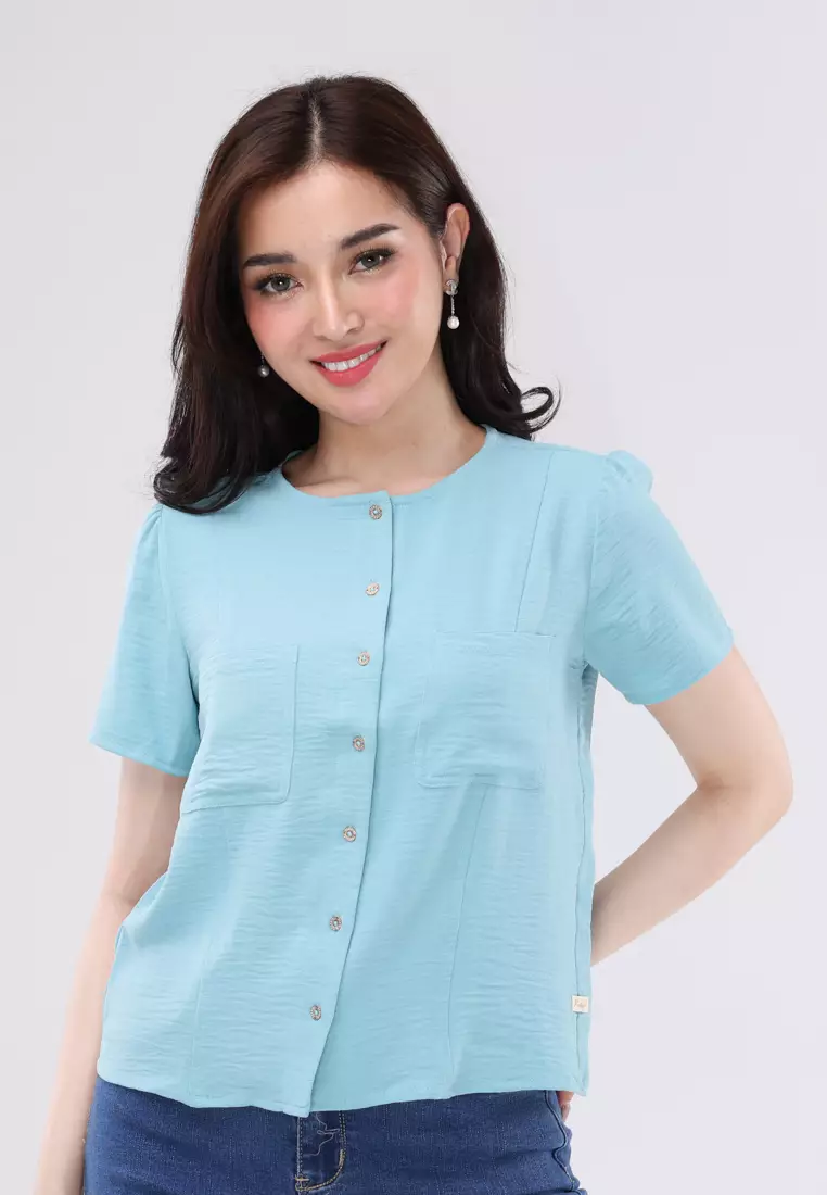 80% OFF Linen Wrinkles Short Sleeves Round Neck Blouse