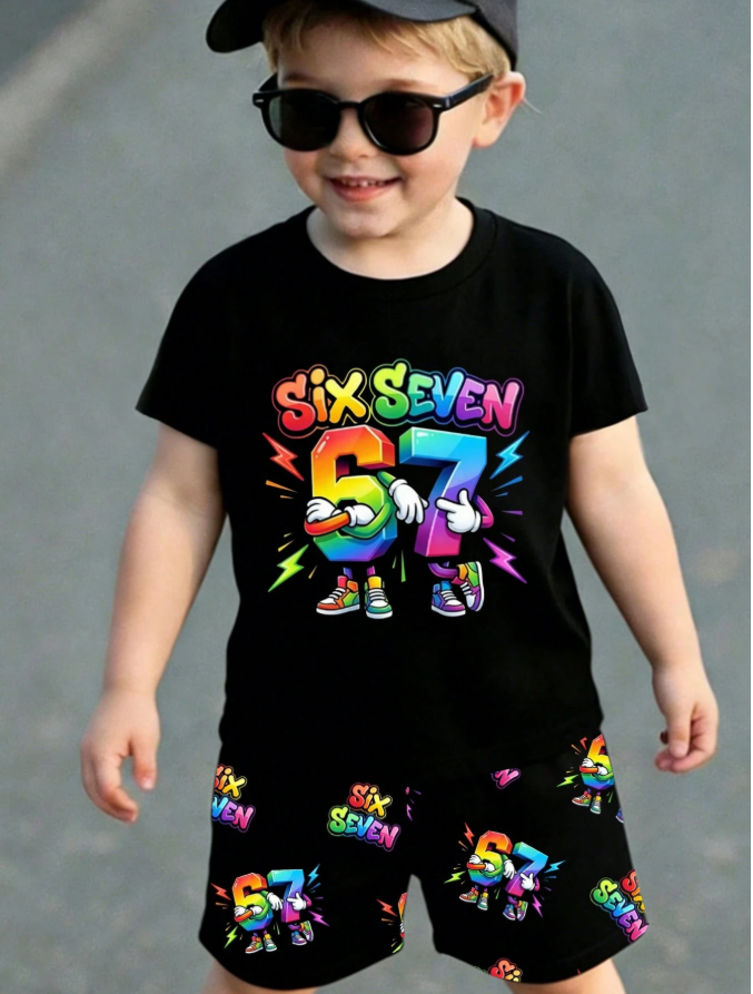 24% OFF 2pcs/Set Boys' Cartoon Colorful 67 Pattern Print Round Neck Short Sleeve T-Shirt Matched With 67 All-Over Print Shorts Set