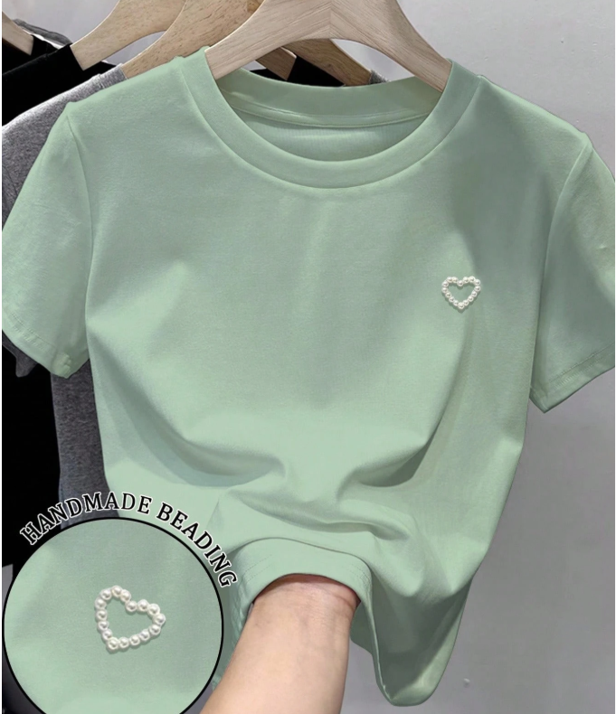 15% OFF Casual Versatile Heart Studded Decor Solid Color Short Sleeve T-Shirt