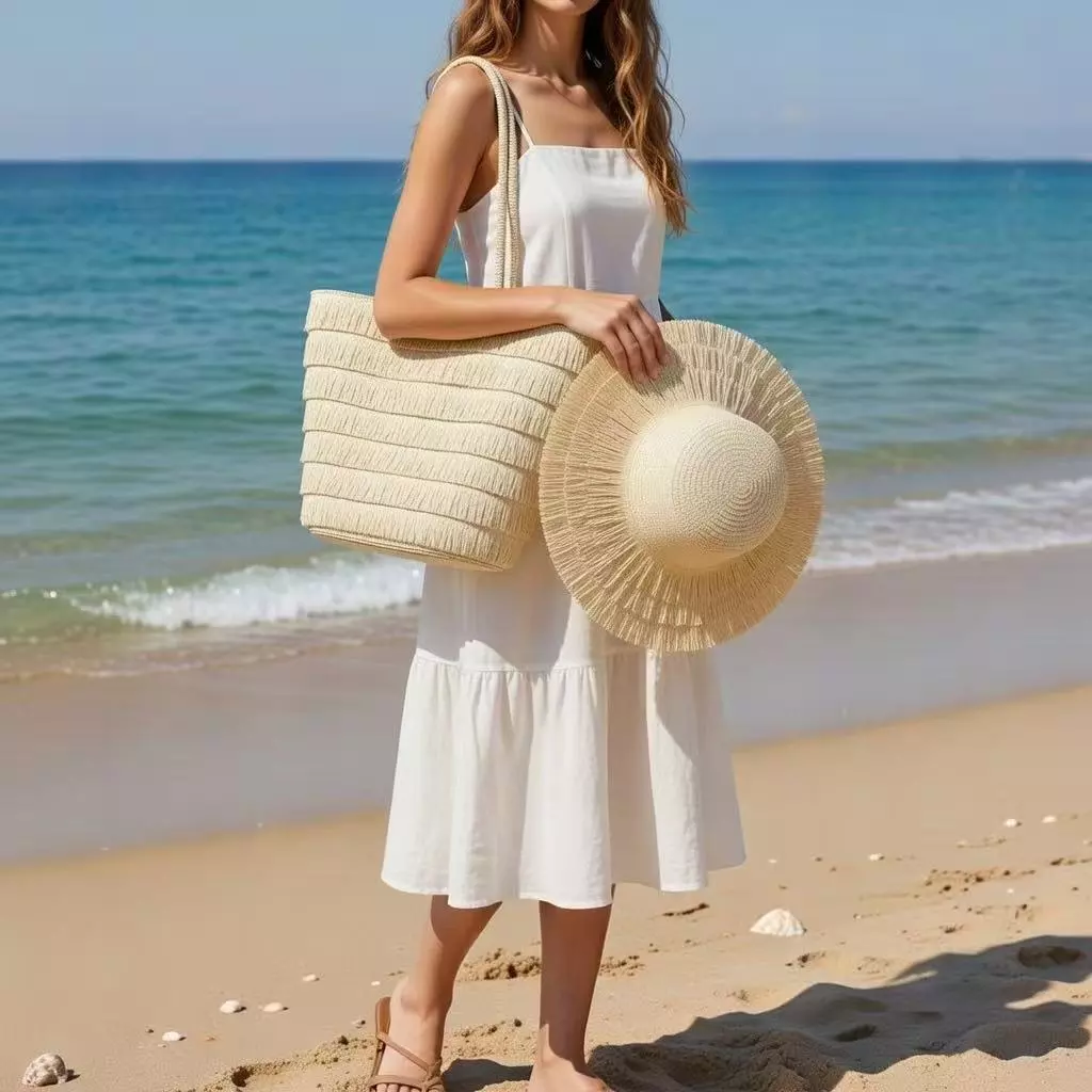 40% OFF NEW 2 in 1 set Tote Bag and Sun Hat Straw Woven Shoulder Bag Straw Sun Hat travel Beach vacation