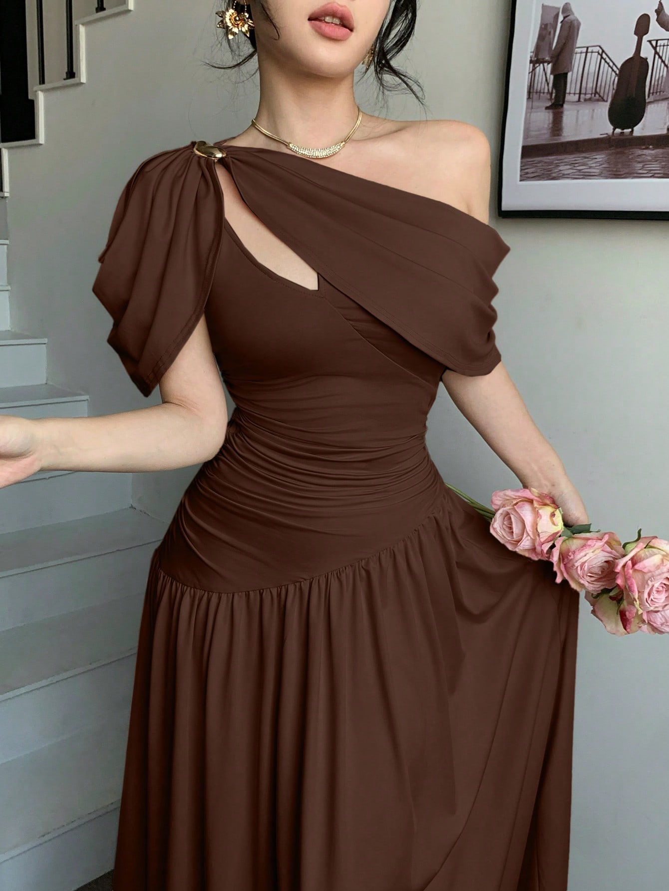 36% OFF Abyoxi Women's Brown Pleated Waist Fitted Flare Dress