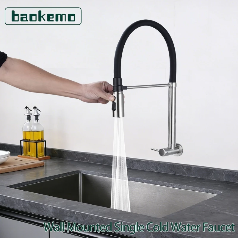 53% OFF BAOKEMO Wall Mounted Rotatable Stainless Steel Flexible Silicone Hose With 3 Function Modes Kitchen Sink Faucet