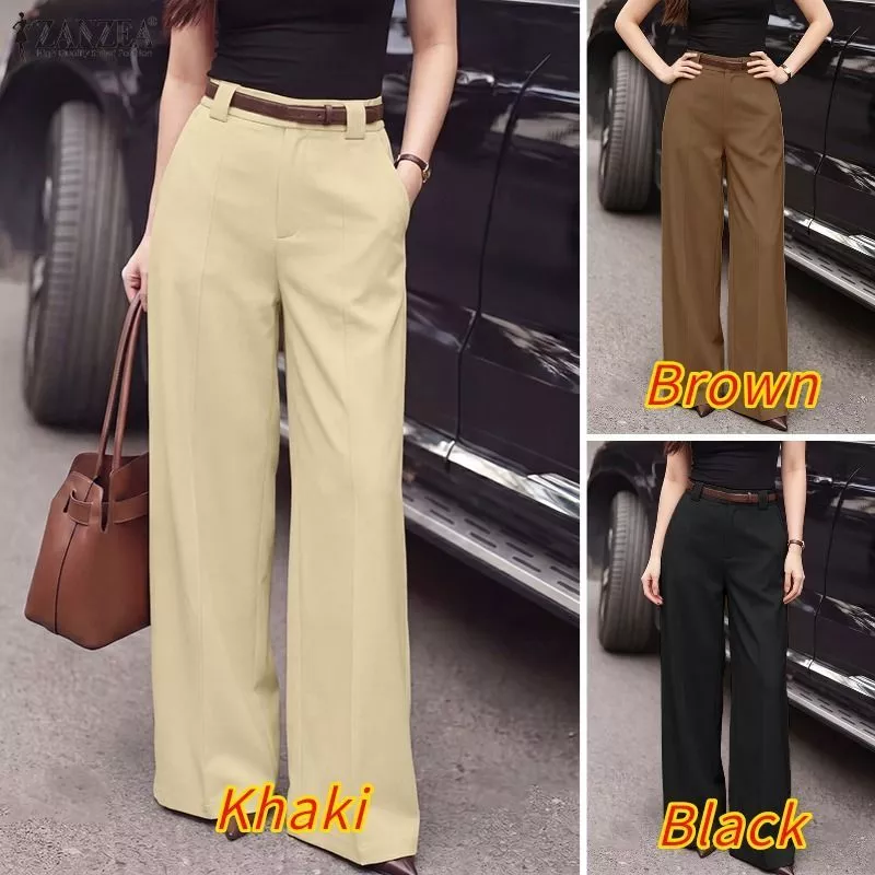 44% OFF ZANZEA Women Korean Elegant Formal Work OL High Waist With Pocket Solid Color Wide Leg Suit Pants