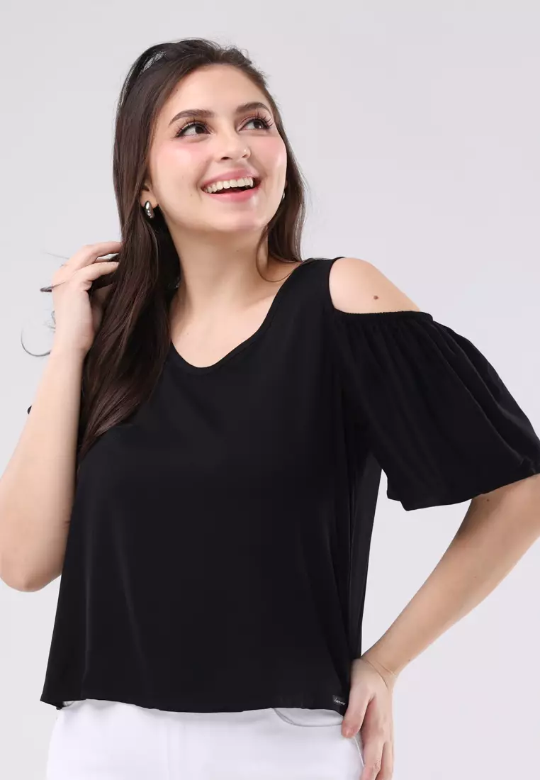 77% OFF Plain Woven Short Sleeves Blouse