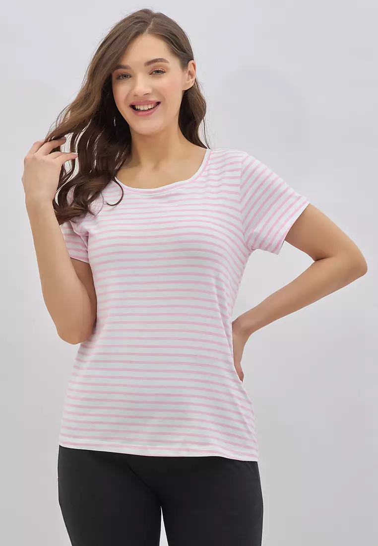 85% OFF Clovia Striped T-shirt in White - 100% Cotton