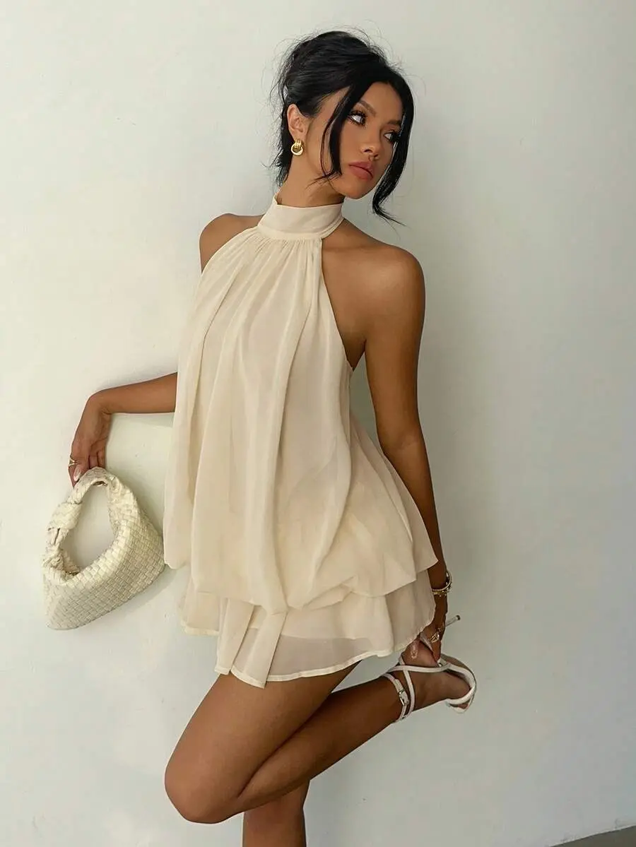44% OFF Women's Elegant Light Yellow Halter Tie Mini Dress,Party Dress,Elegant Dresses For Women,Party Dresses For Women