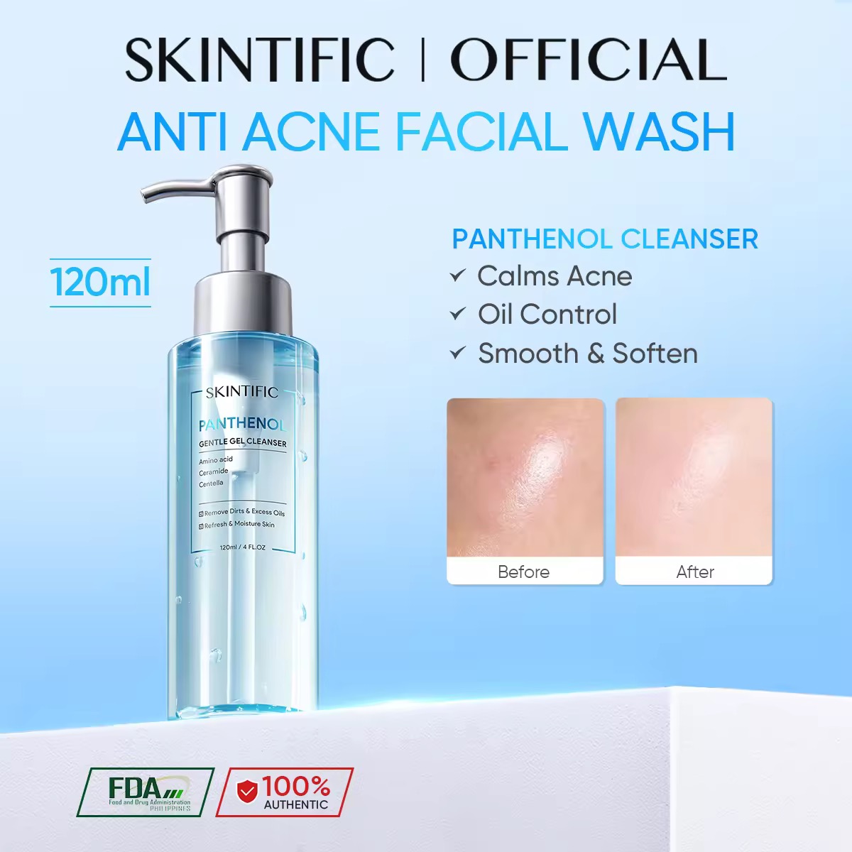P230 OFF SKINTIFIC 5% Panthenol Acne Calming Water Gel Moisturizer 45g For Acne Skincare night cream Panthenol Gentle Gel Cleanser 120ml