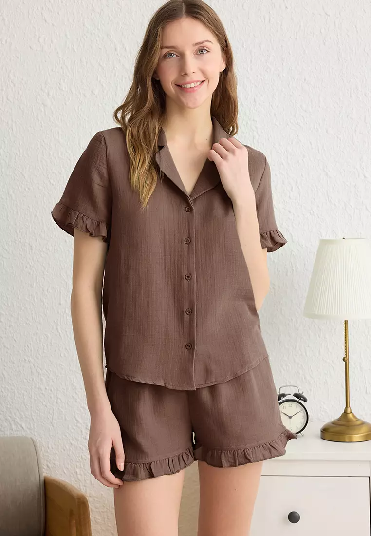 84% OFF Trendyol Bitter Brown 100% Cotton Frilled Muslin Shorts Woven Pajama Set THMSS25PT00034