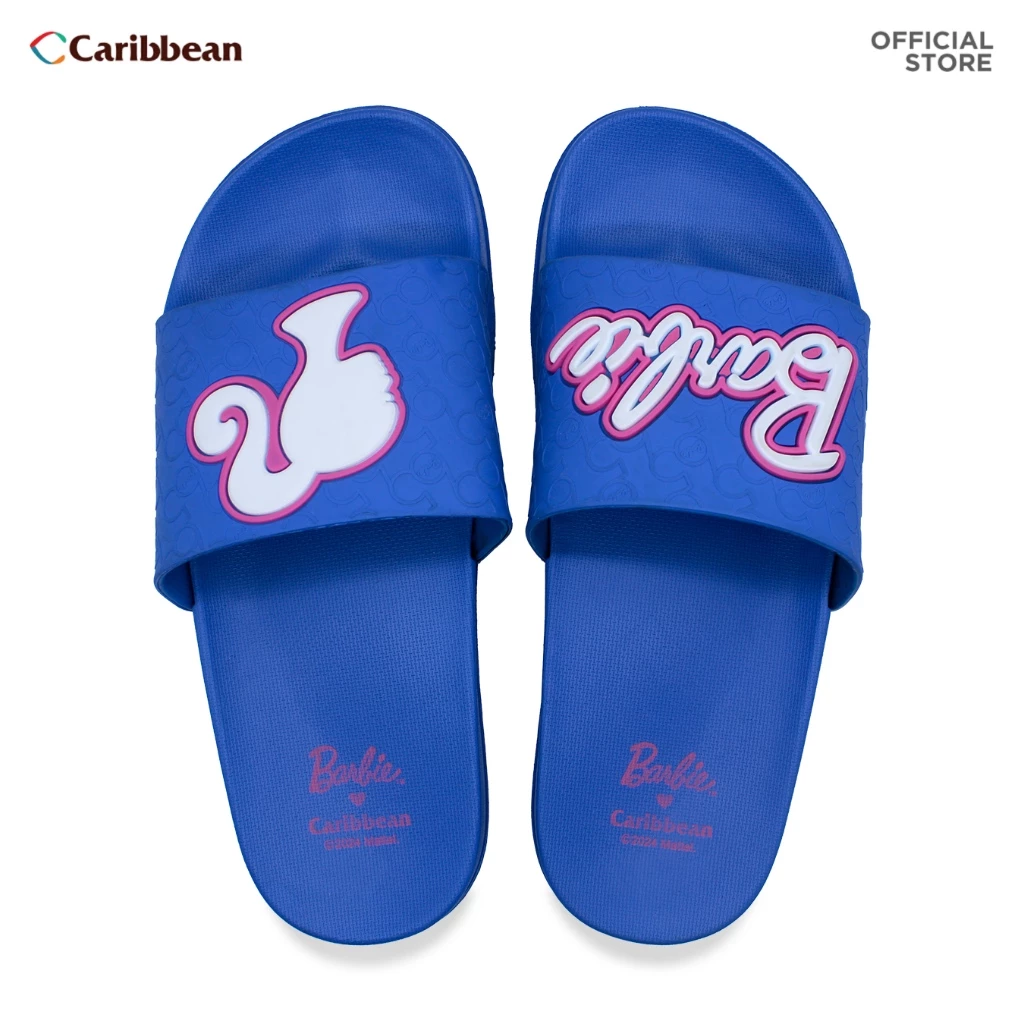 50% OFF Caribbean 🩷 Barbie Ladies Slides: BSL02 Navy Blue 65th Logo Head and Barbie Logo