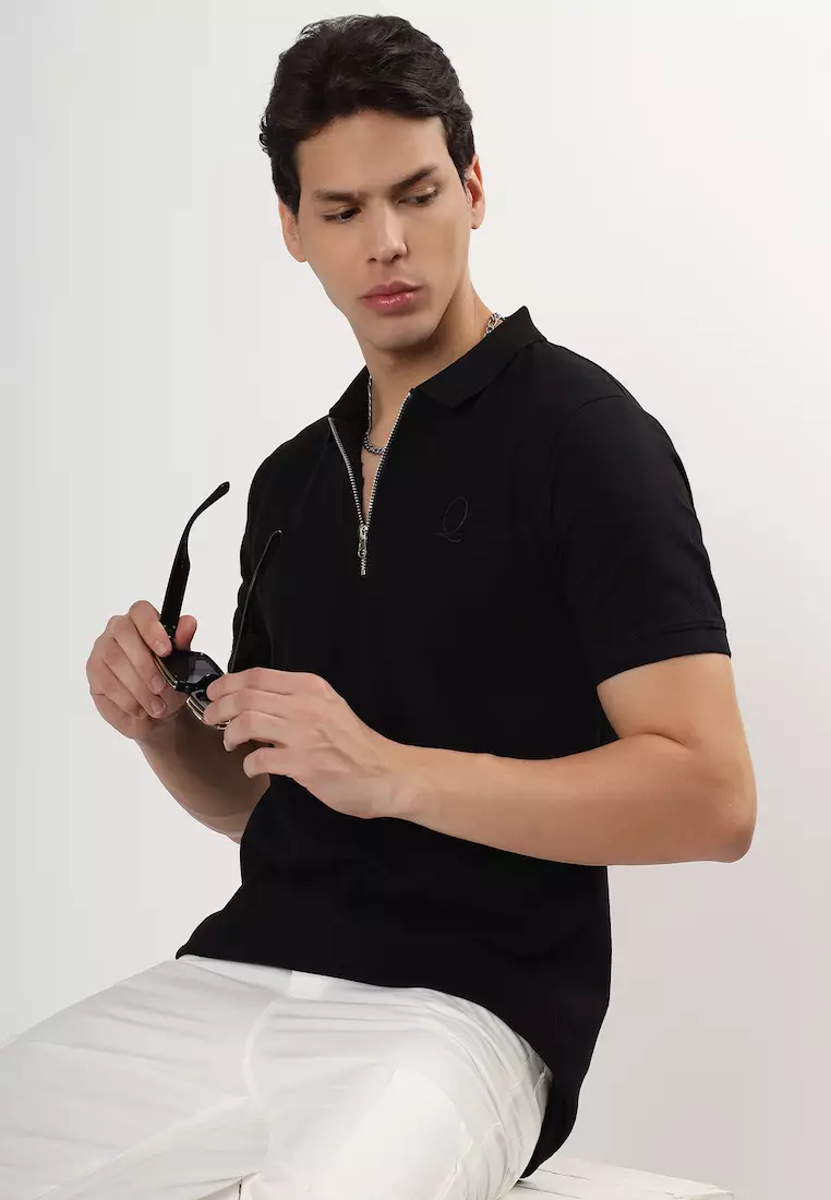 69% OFF Mens Solid Black Cotton Relaxed Fit Polo Shirt/Tshirt With Zip, Short Sleeve, Activewear, Casual Wear