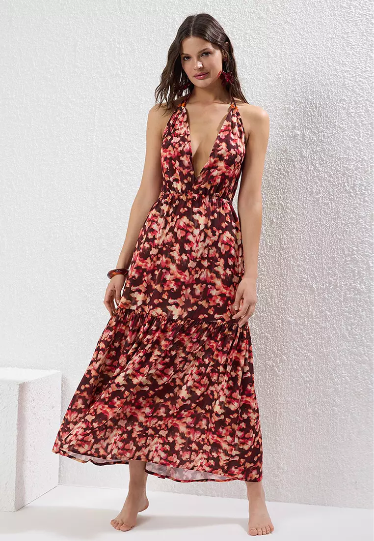 36% OFF Trendyol Batik Patterned Maxi Woven Accessory Beach Dress TBESS25EL00081