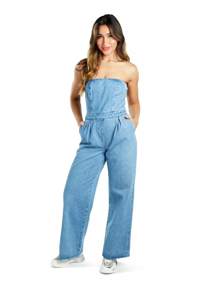 85% OFF London Rag Blue Strapless Back Zipper Denim Jumpsuit
