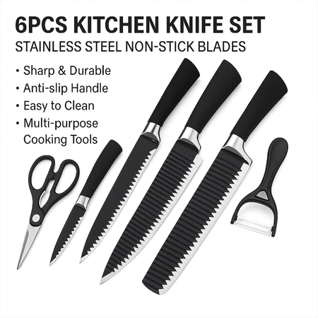 75% OFF 6-Piece Kitchen Knife Set - Black Ceramic with Ergonomic Anti-Slip Handl