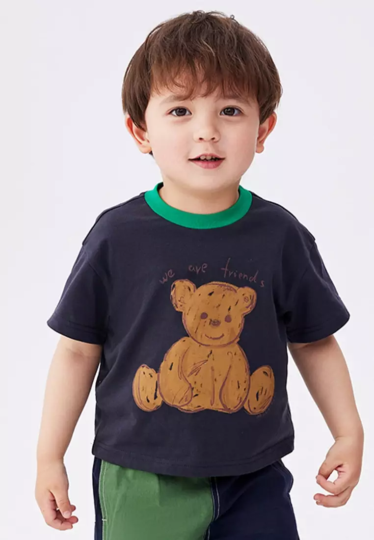 15% OFF Color Collar Bear Printed Cotton Short Sleeve T-Shirt