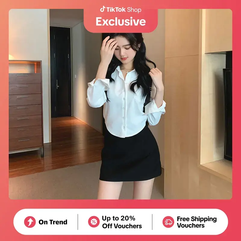 9% OFF Polo Corset Top long Sleeves blouses for women Plain Casual Crop tops Lady Shirts Womenswear Comfort Collar Fabric Pleated Simple Smooth Lingerie Basic Collared Longsleeve Minimalist Fitted