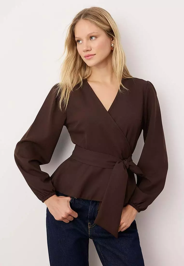 44% OFF Brown Double-Breasted Woven Blouse With Tie Detail Twoaw2Bz189