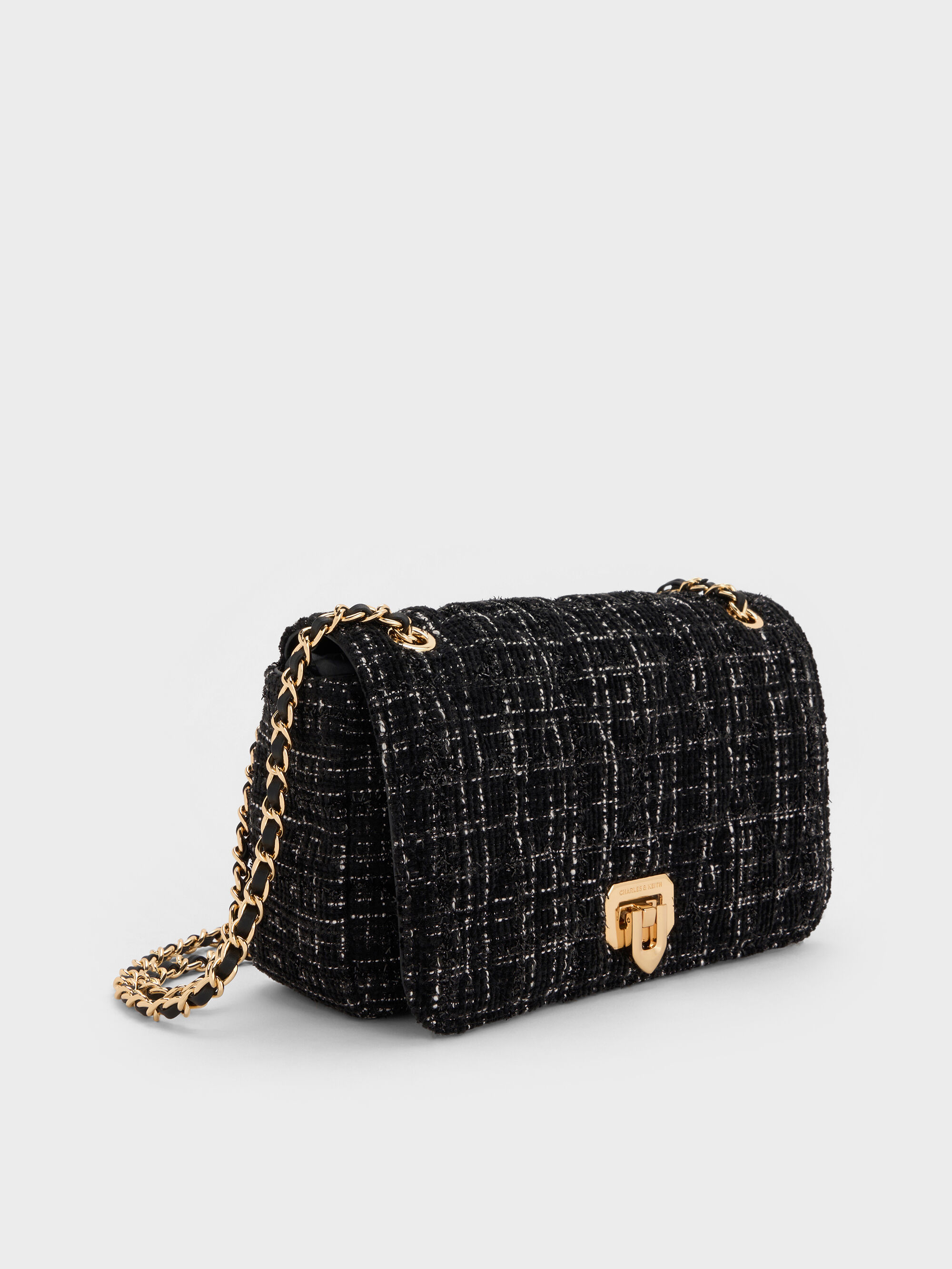 20% OFF Arwen Tweed Diamond-Quilt Braided-Strap Shoulder Bag - Black Tweed