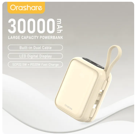 38% OFF Orashare PCM30 Small 30000mAh Powerbank Built-In Dual Cable PD20+SCP22.5W Fast Charging Compact and Portable for iPhone Samsung Laptop LED Digital Display