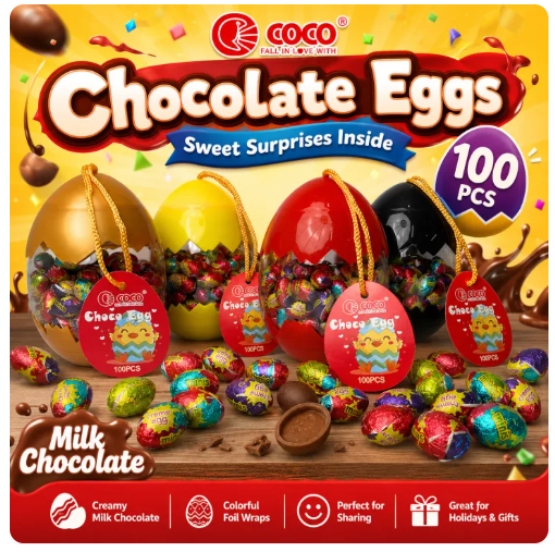 47% OFF COCO Chocolate Eggs 100PCS 500g | Milk Chocolate Candy with Colorful Foil Wraps, Cute Egg Gift Pack, Sweet Surprise Snack for Kids, Parties, Gifts & Sharing