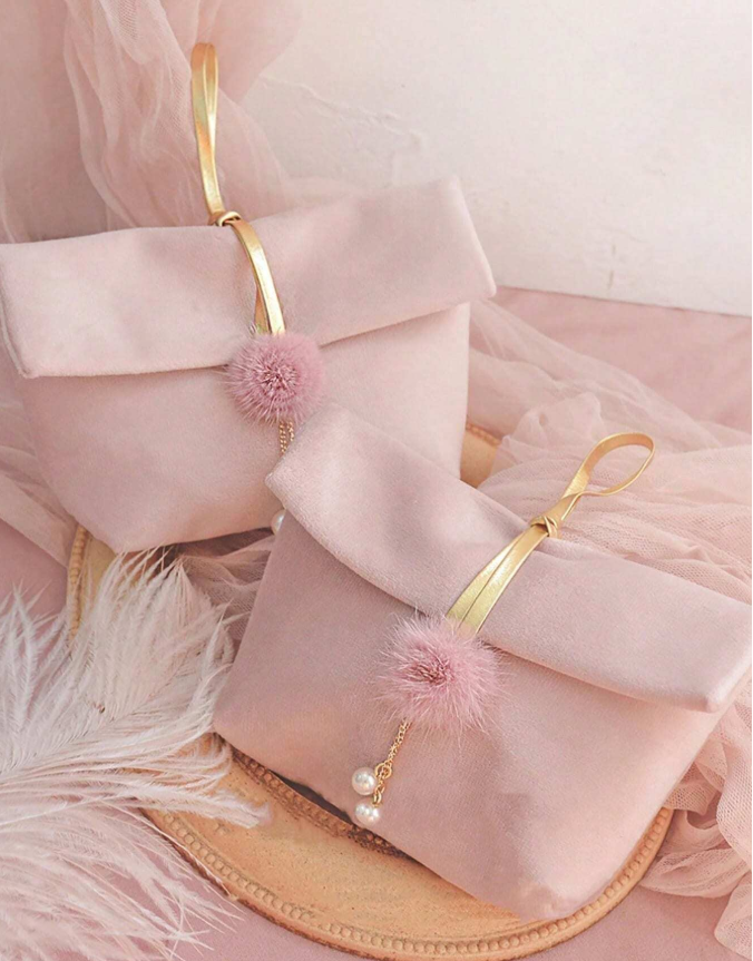 48% OFF SHEIN 1PC 5CMx15.5CMx9.5CM Faux Pearl Pompom Decorative Gift Bag Pink Polyester For Jewelry Storage Cosmetic Travel Wedding Holiday Party