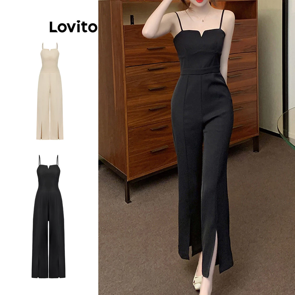 16% OFF Lovito Women Elegant Plain Split Summer Korean Jumpsuit L80ED349