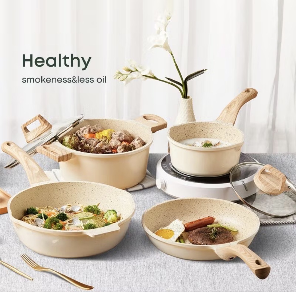 71%OFF 4pcs Non Stick Frying Pan kitchen set soup pot flat pan milk Pot frying Pan Suitable for all stoves