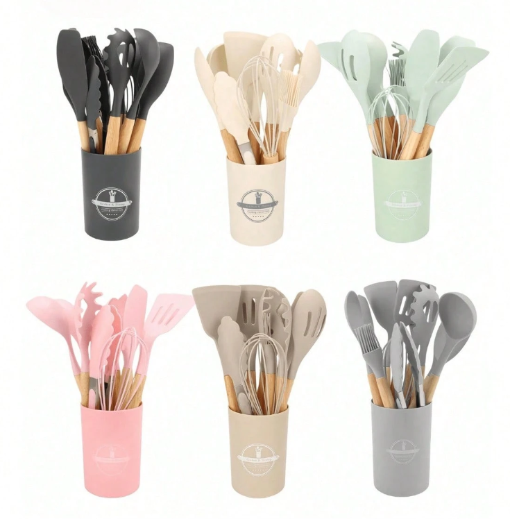 10% OFF 12pcs Silicone Kitchen Set, Non-Stick Cookware, Wooden Handle Spatula, Whisk, Cooking Utensils Accessories, Back To School Essential