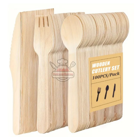 42% OFF 100pcs Bamboo Wooden Spoon And Fork And Knife Eco-Friendly Disposable Cutlery Set 14cm/16cm