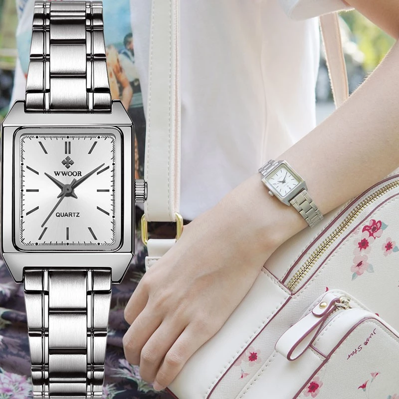 81% OFF Wwoor Women Watch Waterproof Stainless Steel White Square Quartz Wristwatch Lady Casual Watches Silver 8850