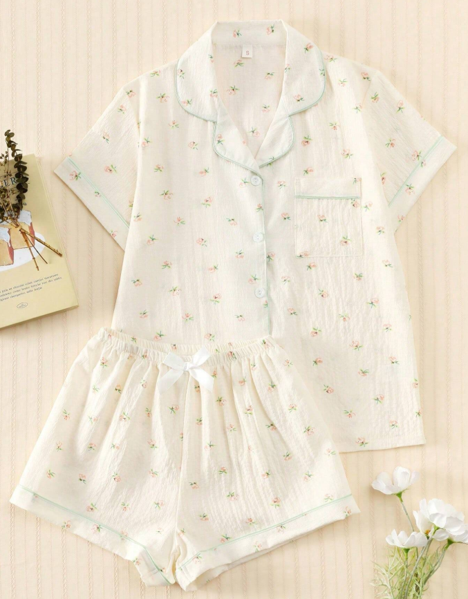 16% OFF 2pcs Women's Ditsy Floral Summer Pajama Set, Short Sleeve Button-Up Shirt And Shorts, Casual Loungewear