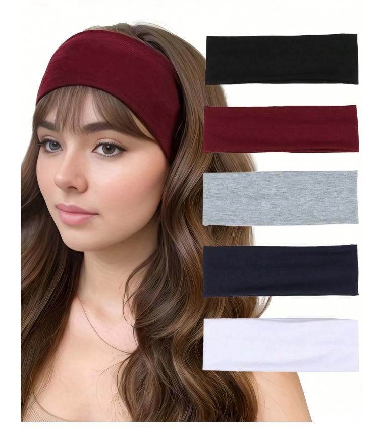 20% OFF 5pcs Women's Wide Headbands, Soft Comfortable Elastic Yoga Hairbands, Non-Slip Elastic Sports Headbands Suitable For Running, Fitness, Daily Wear, Simple Solid Color Hair Accessories Set, Autumn Hair Accessories, Beach Accessories For Woman