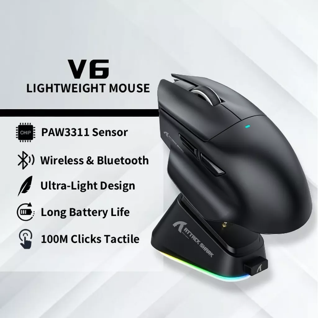 63% OFF ATTACK SHARK V6 Ultra-Light PAW3311 Tri-Mode Gaming Mouse with Magnetic Charging Dock