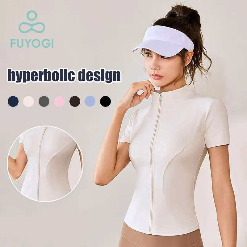 48% OFF FUYOGI White Jacket Gym Outfit for Women Sports Yoga Top Zipper Short Sleeve Hiking Running