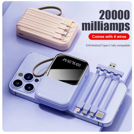 29% OFF Fast Charging KC58 20000mAh Battery Capacity Power Bank with Multi Cable and Digital LED Display Macaron Powerbank
