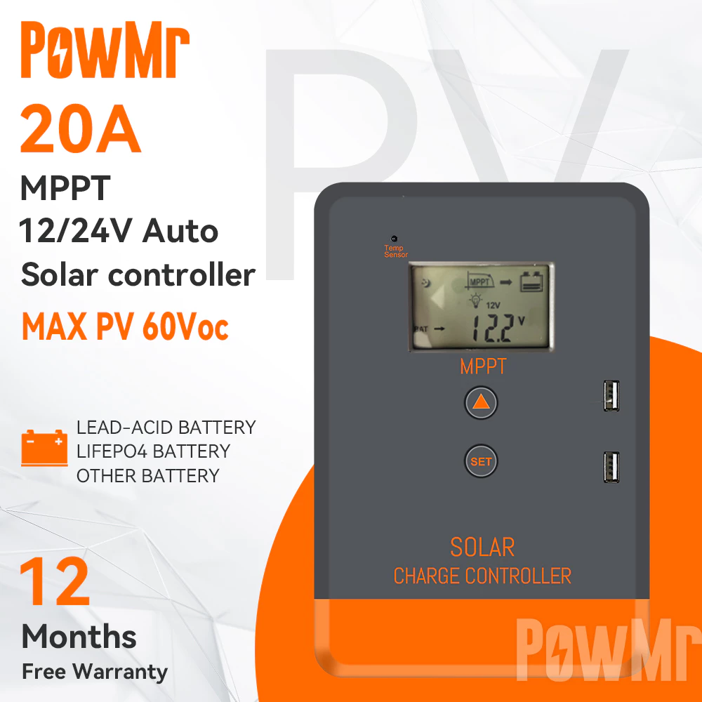 50% OFF【On Sale】PowMr MPPT 20A Solar Charger Controller 12V 24V Auto Solar Controller PV Max Input 60Voc Lcd Backlit Display 2 Usb Ports Fre