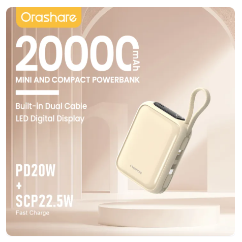 47% OFF Orashare PCM20 Mini Powerbank 20000mAh 22.5W Super Fast Charge Powe Bank Built In Dual Cable Compact and Portable 3 Output Powerbank