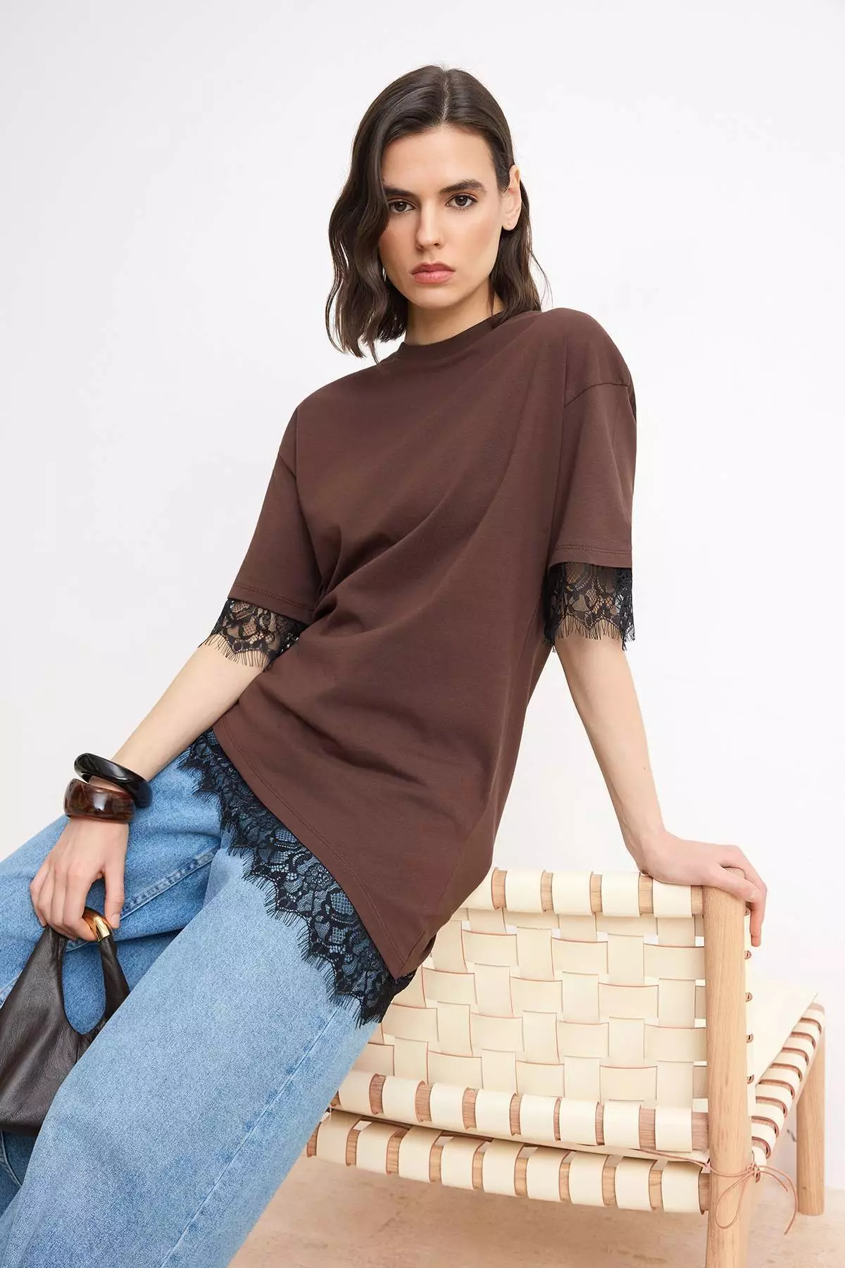 41% OFF Brown Regular/Normal Fit Lace Pack Low Sleeve Short Sleeve Soft Touch Knitted T-Shirt Twoss26Ts196