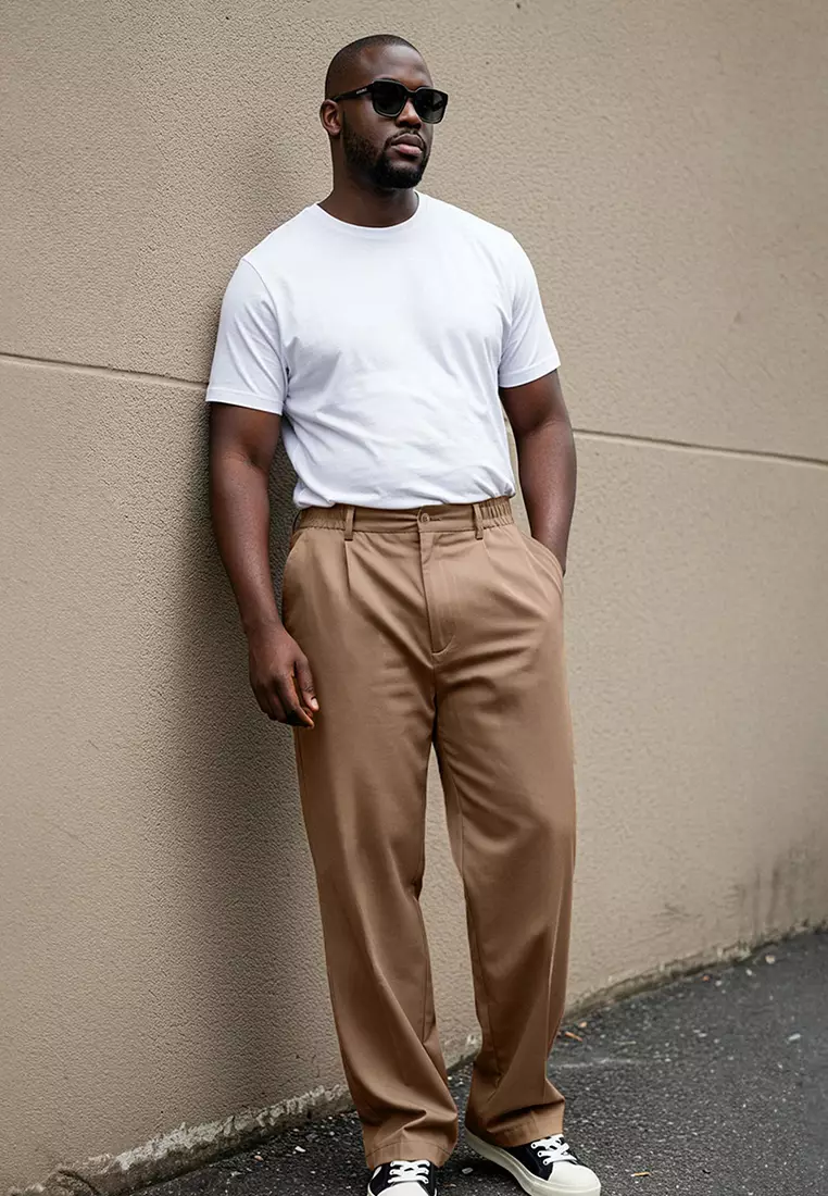79% OFF Plus Size Beige Wideleg Fabric Trousers TMNAW25AR00000