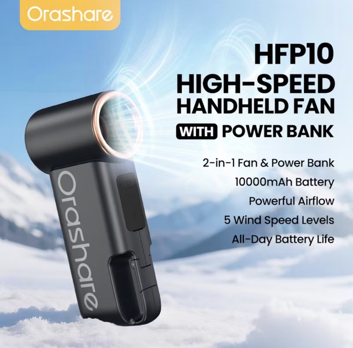 77%OFF ￼Orashare HFP10 Handheld Fan With Powerbank 10000mAh Rechargeable High Speed Fan 5-Speed Strong Wind