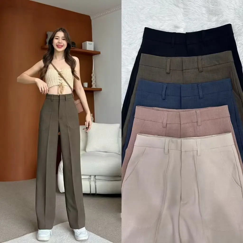 53% OFF Bosen High Waist NON GARTER Trousers Wide Leg Womenswear Comft LINEN Office Wear Bottom For Women Two Pocket Zipper Lady Comfort Basic *807