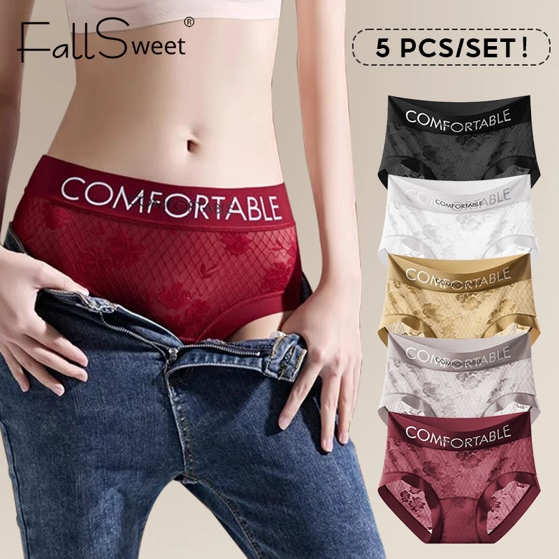 40% OFF FallSweet 3/5Pcs Lace Mid-Rise Panties Seamless Plus Size Thin Comfort Antibacterial Mulberry Silk Gusset Underwear M-2XL
