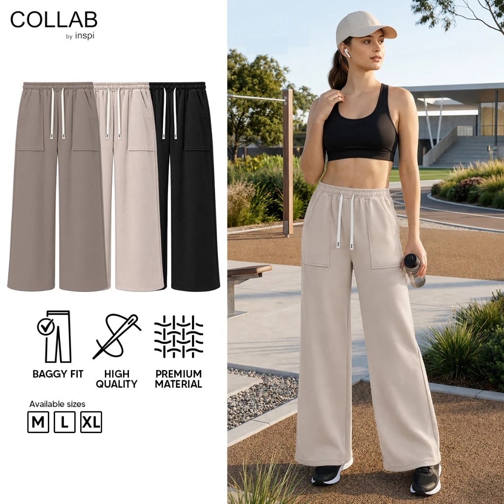 50% OFF COLLAB by Inspi Baggy Sweatpants for Women Plain Wide Leg High Waist Pants for Men with Pockets