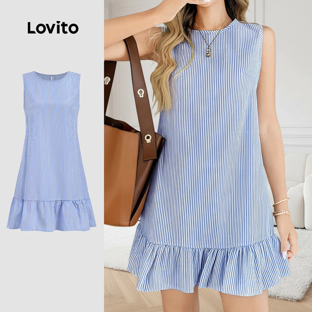 31% OFF Lovito Women Casual Dress Korean Ruffle Hem Side Stripe Comfy yet Stylish Spring/summer Light Blue Dress L178ED1375