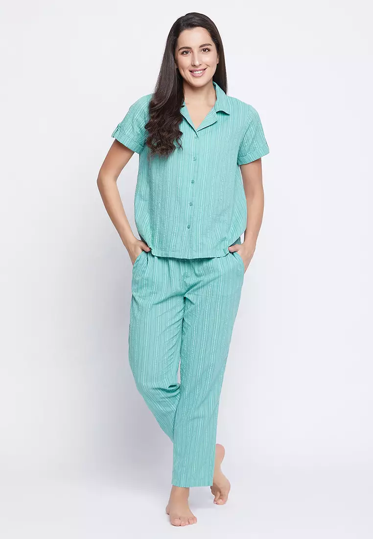 75% OFF Clovia Sassy Stripes Button Down Shirt & Pyjama in Cyan Blue - Cotton