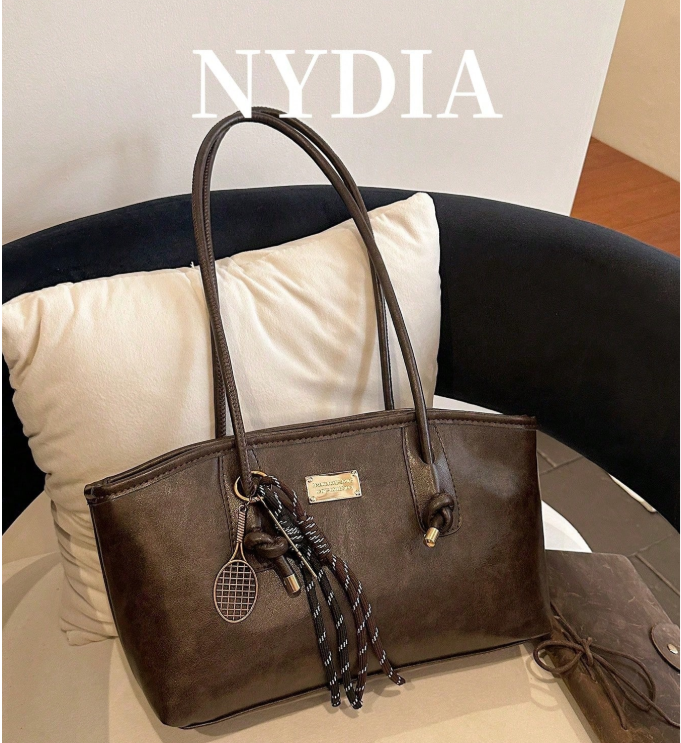 2% OFF 1PC Soft Long Tote Bag With Dual Same-Material Long Shoulder Straps, Knot Metal Closure Decoration, Badminton-Shaped Woven Strap Charm, Embossed Letter Logo,