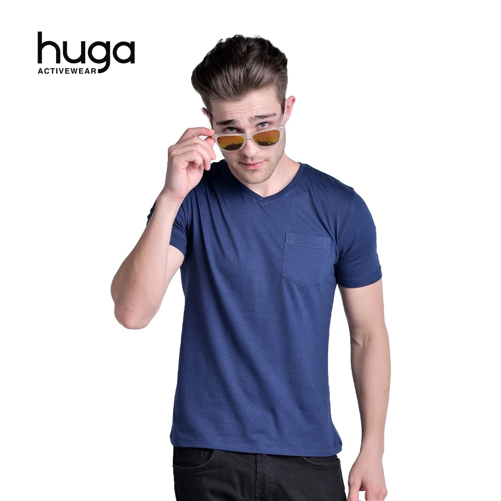 43% OFF Huga Mens V-Neck Plain Cotton Pocket T-Shirt Navy Blue
