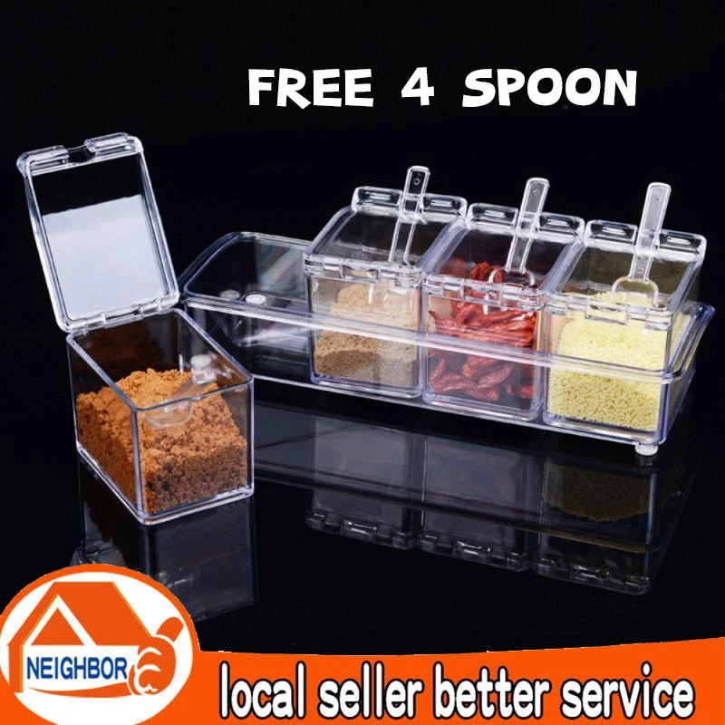 44% OFF 【With 4Pcs Spoons 】4 IN 1 Kitchen Acrylic Seasoning Box Seasoning Pot Set Salt Pure Container