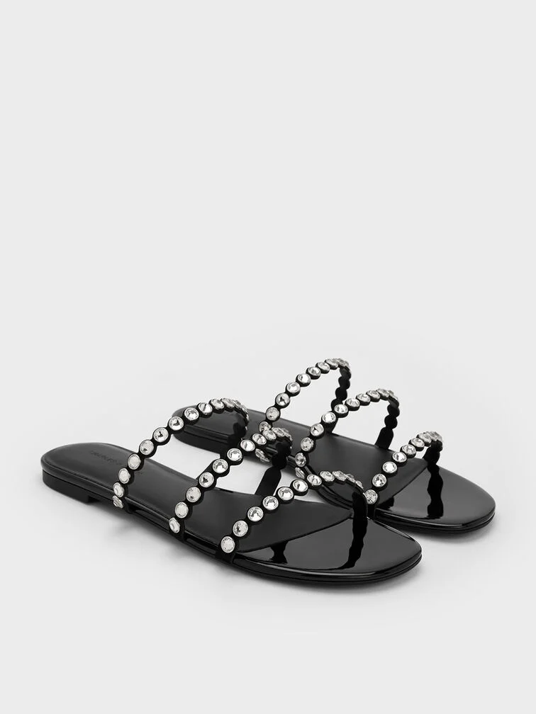 30% OFF Crystal-Embellished Triple-Strap Sandals - Black Textured